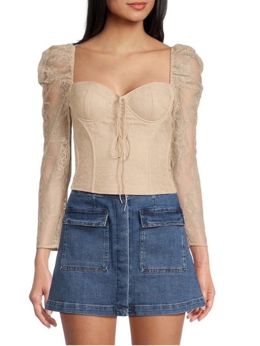NEW! Chelsea & Violet Laura Woven Lace Sweetheart Neck Tie Front Fitted Top NWT